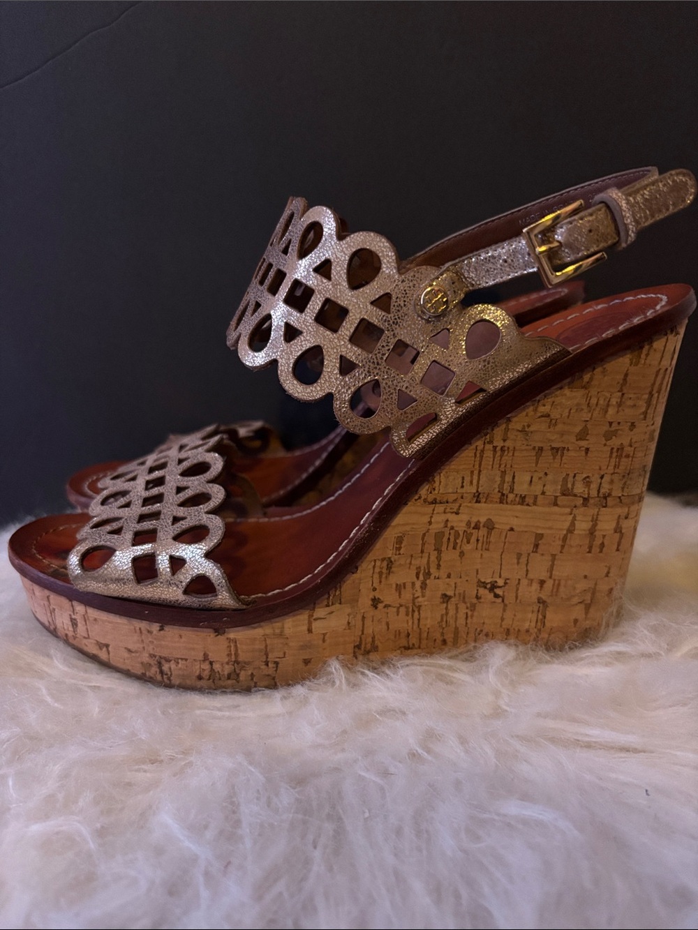 Tory Burch Metallic Gold Laser-Cut Cork Wedge Sandals